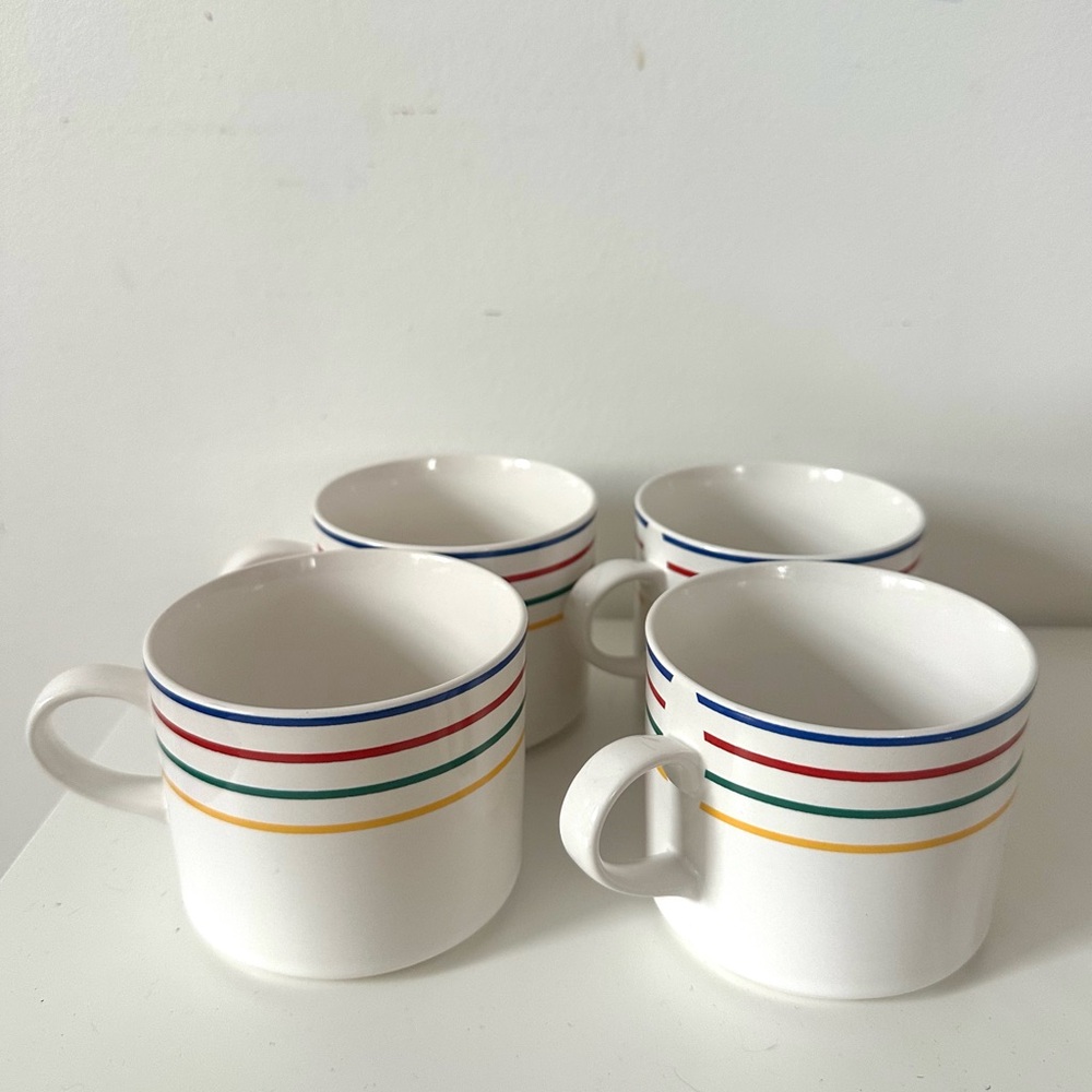 Ranmaru White Ceramic Mugs with Blue, Red, Green & Yellow Stripes - Set of 4 - Picture 2 of 4